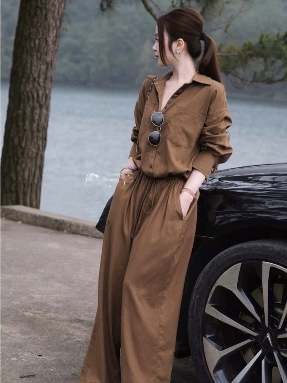 Only Brown Wide-Leg Drawstring Pants - Picture 3 of 4
